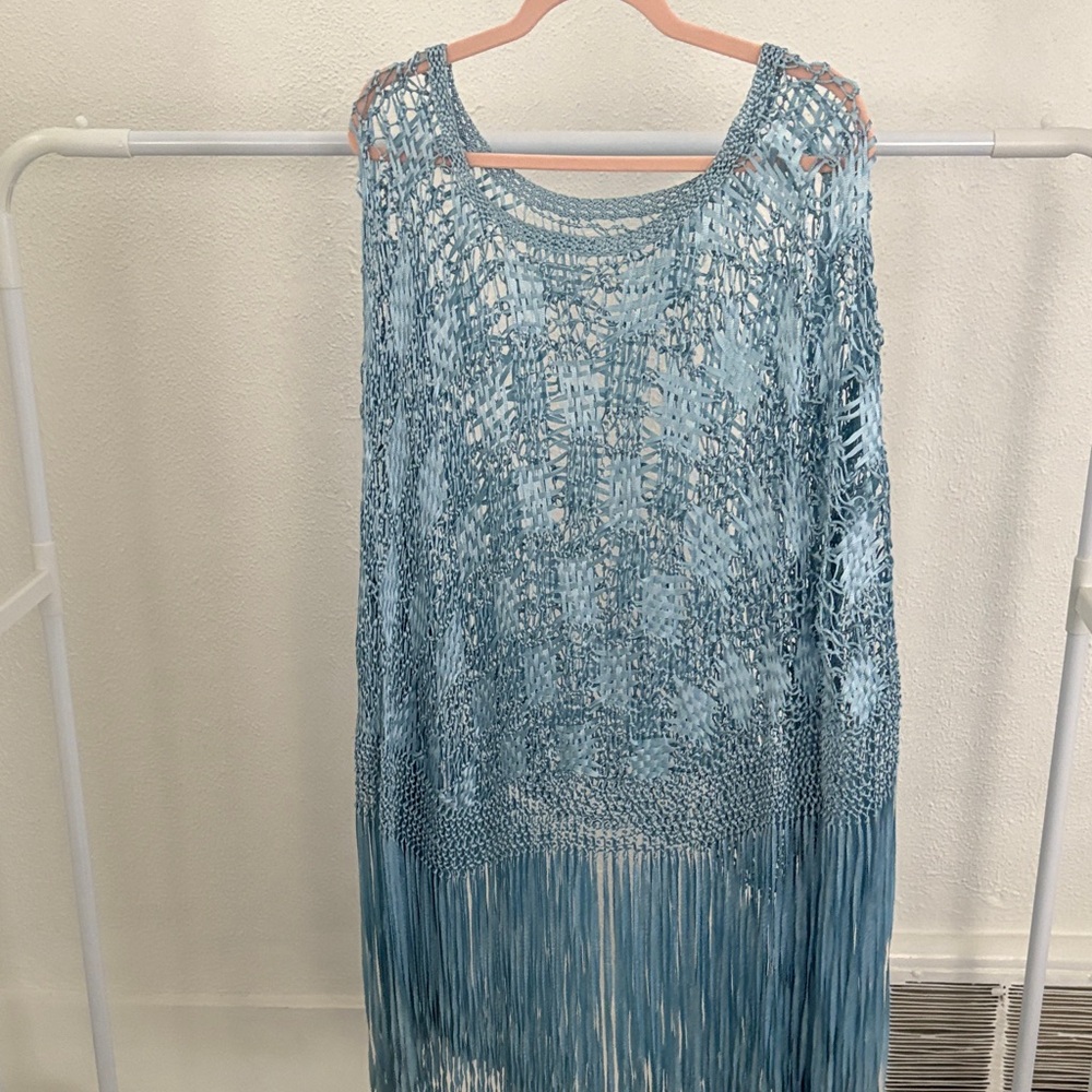 Blue Crochet Fringe Poncho